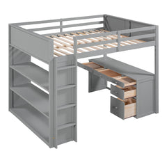 Full Size Loft Bed with Ladder, Shelves and Desk - Gray