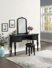 Bedroom Classic Vanity Set Wooden Carved Mirror Stool Drawers - Black
