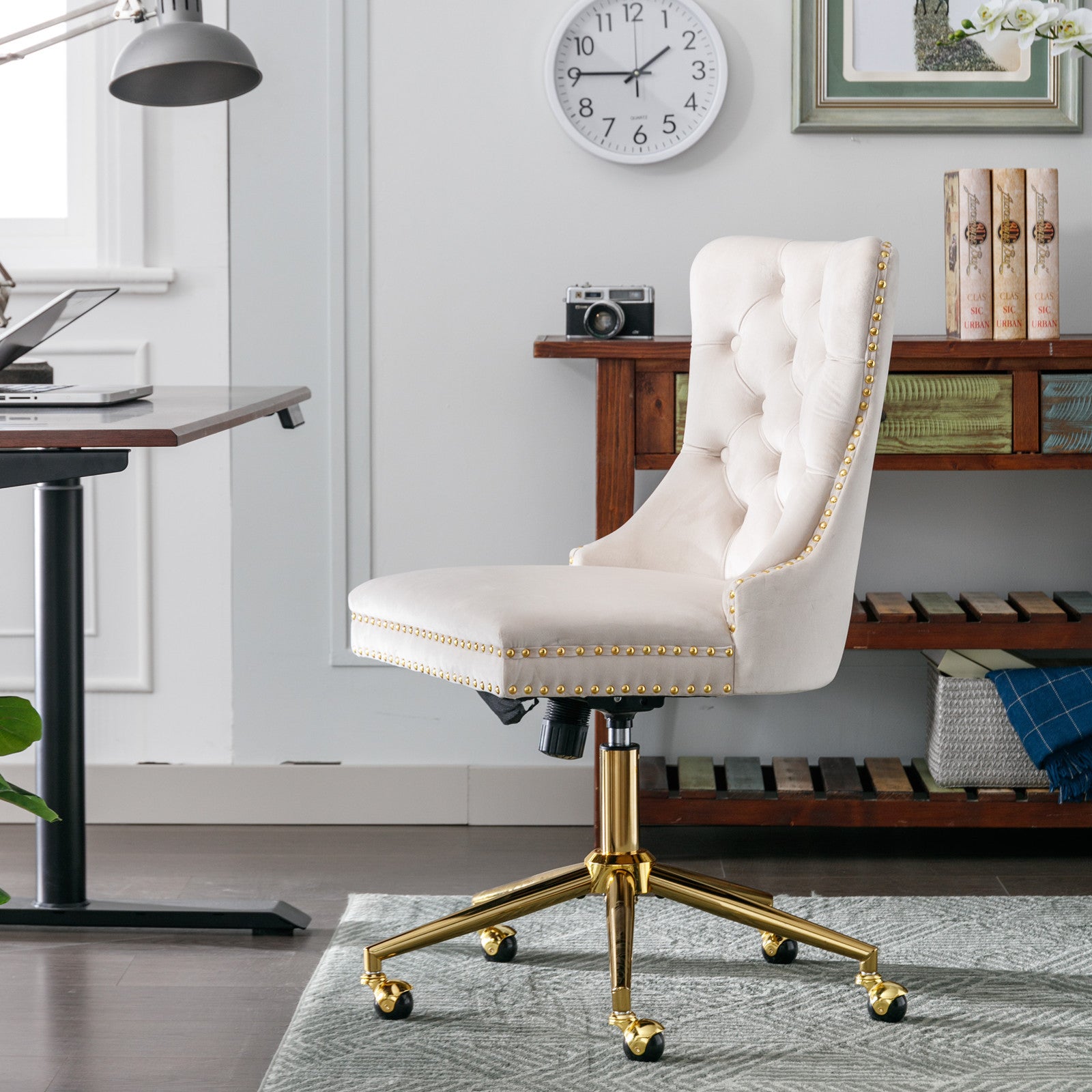 Velvet Upholstered Tufted Button Home Office Chair with Golden Metal Base - Beige