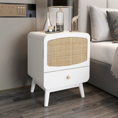 White Nightstand, Bedside Table with Storage Drawe/ Rattan Door