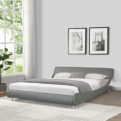 King Size Faux Leather Upholstered Platform Bed Frame, Curve Design, Wood Slat Support, No Box Spring Needed - Grey