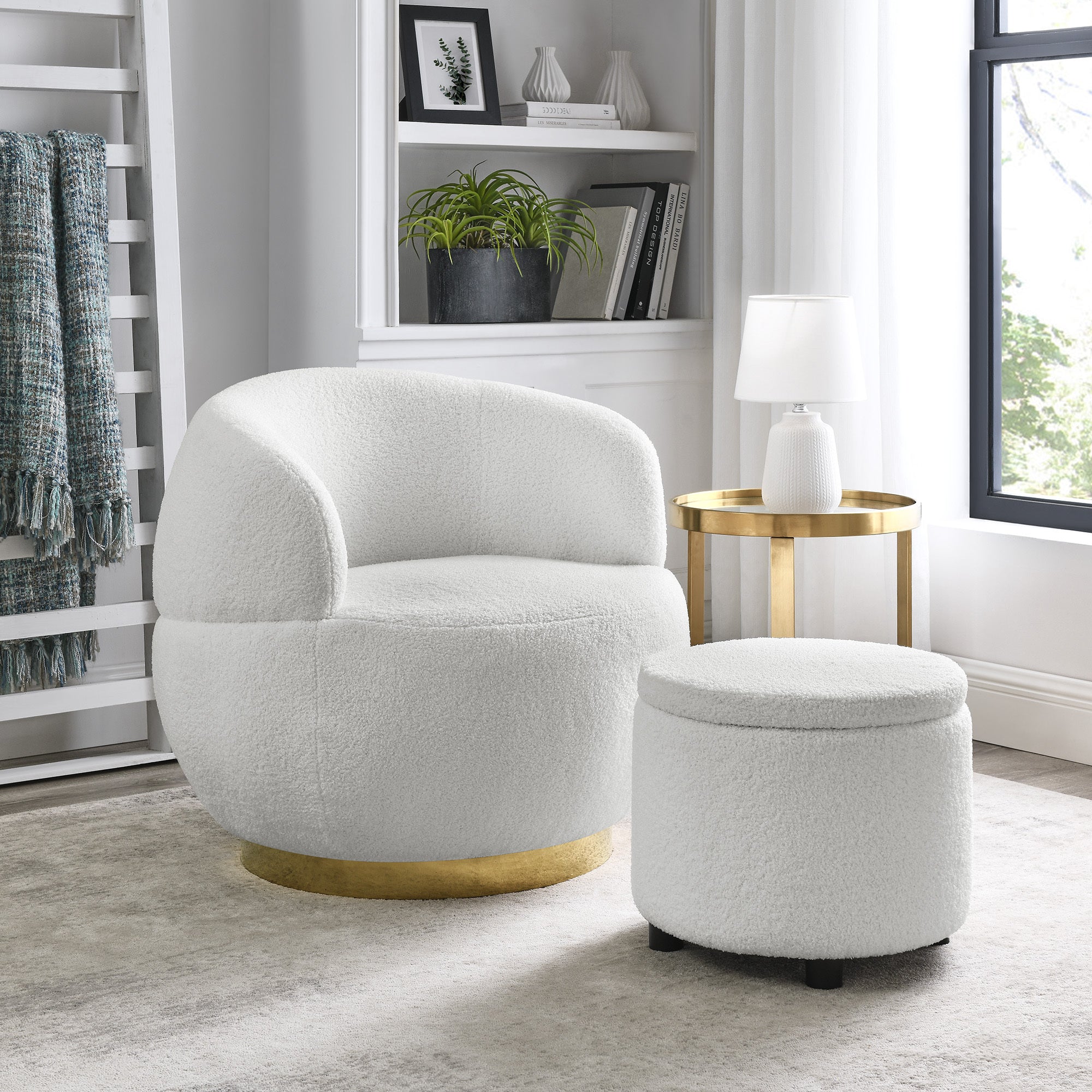 Swviel Barrel Chair Gold Stainless Steel Base with Storage Ottoman - Teddy Fabric Ivory
