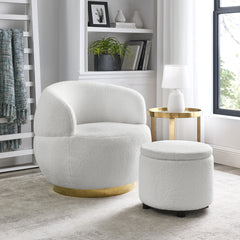 Swviel Barrel Chair Gold Stainless Steel Base with Storage Ottoman - Teddy Fabric Ivory
