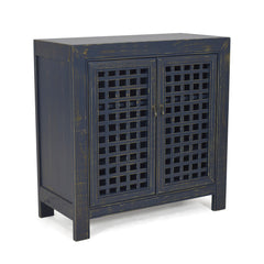 Farmhouse Style Accent Cabinet, Lattice Work Front - Distressed Navy Finish