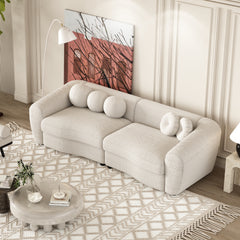 87.7" Modern Curved Sofa, Back Upholstered Couch with 5 Decorative Throw Pillows - Teddy Beige