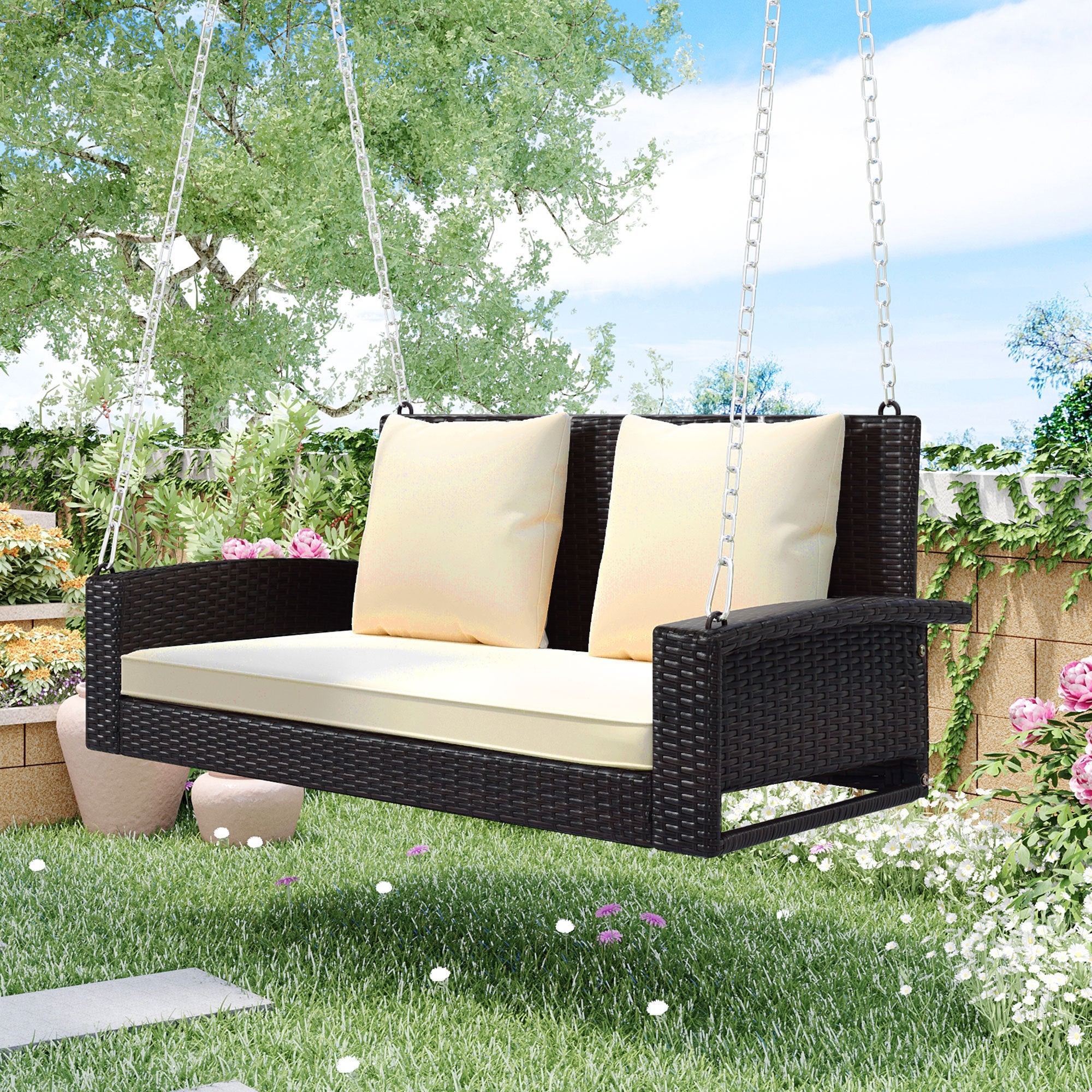 2-Person Wicker Hanging Porch Swing with Chains, Cushion, Pillow, Rattan Swing Bench for Garden, Backyard, Pond (Brown Wicker, Beige Cushion)