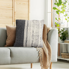 Square Handwoven Accent Throw Pillow, Polycotton Dhurrie, Kilim Pattern - White & Gray