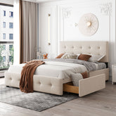 Queen Bed with Classic Headboard and 4 Drawers - Beige