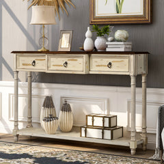 Beige console table with long shelf and drawers