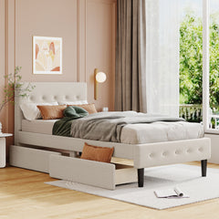 Twin Size Upholstered Platform Bed with 2 Drawers - Beige