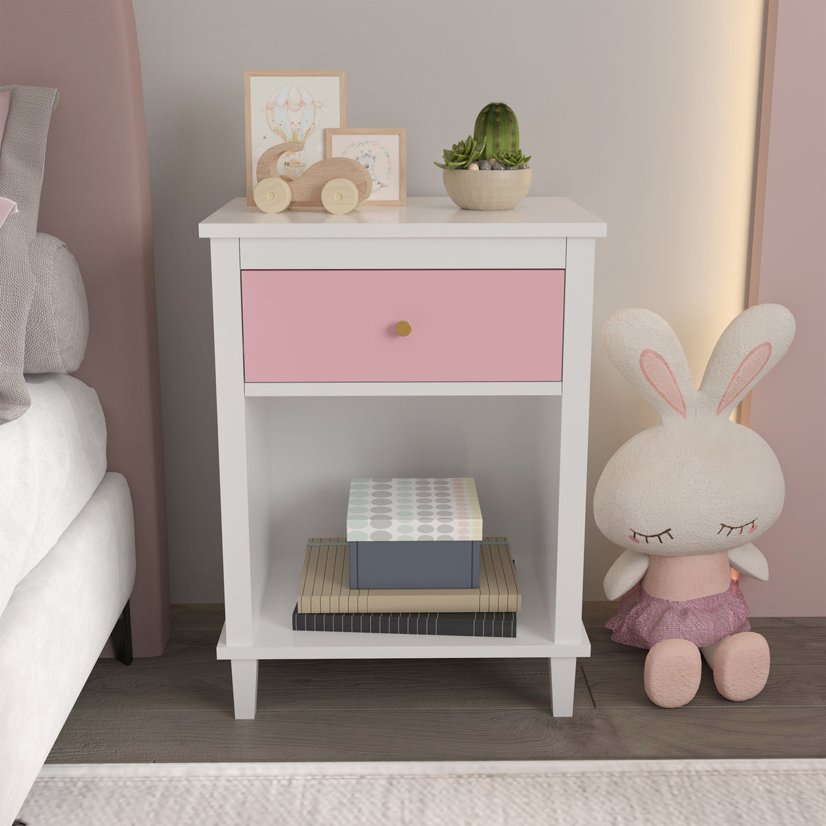 Wooden Nightstand with One Drawer One Shelf for Kids - Pink