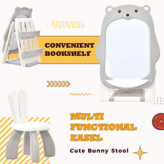 Folding Kids Art Easel with Stool and Adjustable Whiteboard with Book Shelf and Toddler Chair for Girls and Boys