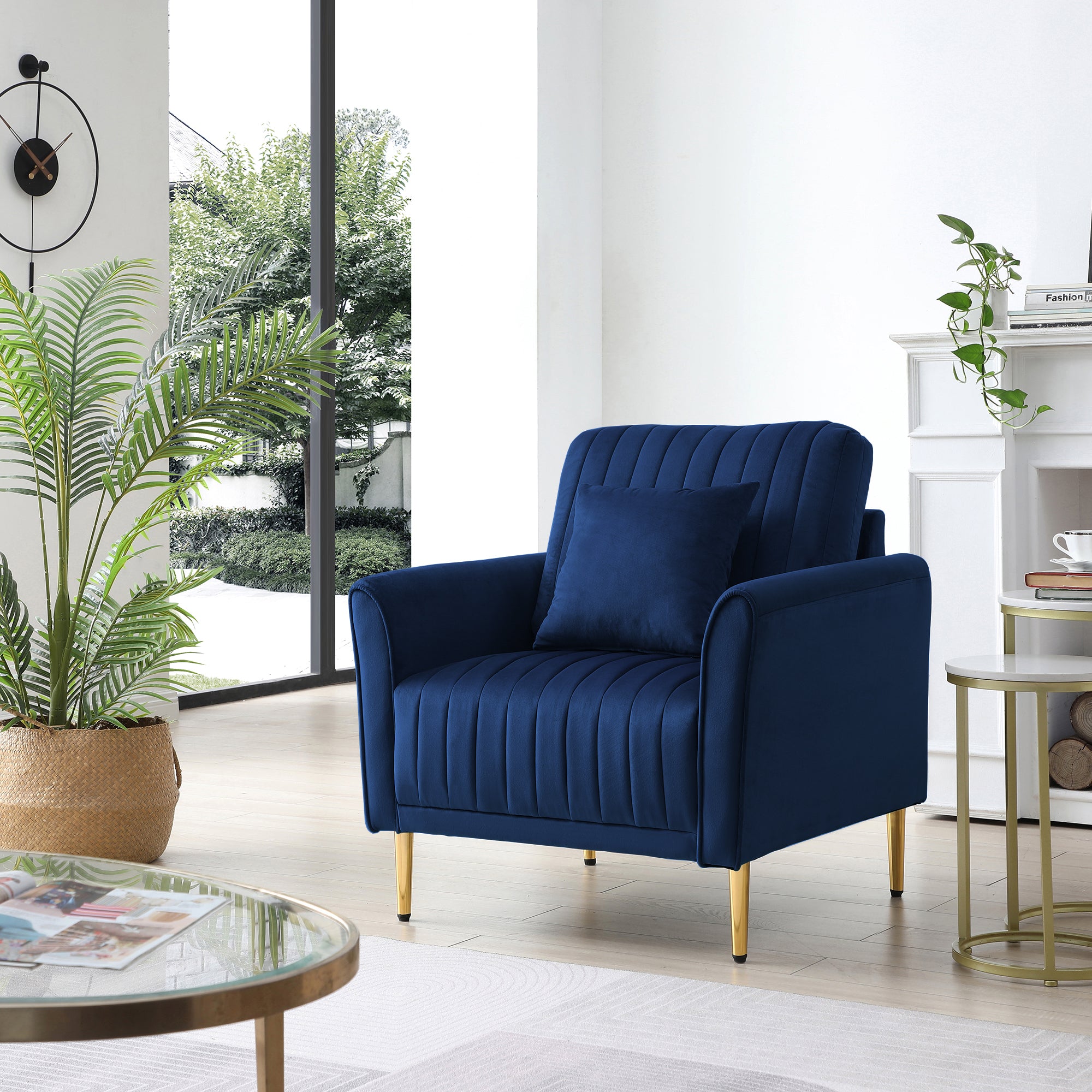 Velvet Accent Chair with Gold Legs - Navy Blue with 1 Throw Pillow