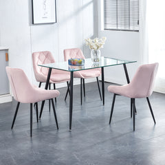 Modern Metal Legs Glass Table Set with 4 pcs Pink Velvet Fabric Dining Chairs