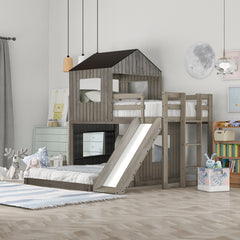 Farmhouse Loft Bed with Playhouse Ladder & Slide - White