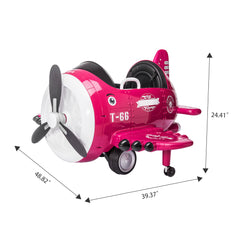12V Electric Kids Ride on Toy Plane with USB, FM, 360-Degree Rotating by 2 Joysticks, Remote Control for Kids 3 to 6 - Rose Red