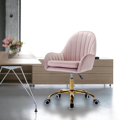 Velvet Home Office Chair with Wheels with Side Arms and Gold Metal Base - Pink