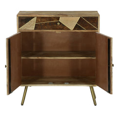 36 Inch Mango Wood Nightstand Side Table Cabinet, 2 Doors, Geometric Inlaid Design - Brown, Gold