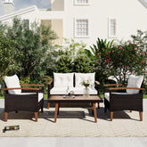 4-Piece Garden Furniture, Patio Seating Set, PE Rattan Outdoor Sofa Set, Wood Table and Legs - Brown and Beige