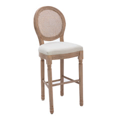 French Country Wooden Barstools Rattan Back With Upholstered Seating (Set of 2) - Beige and Natural