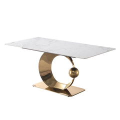 Stone Dining Table with Carrara White color and Round special shape stainless steel Gold Pedestal Base