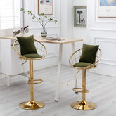 Bar Chair Pure Gold Plated Adjustable Height (Set of 2) - Olive Green Velvet