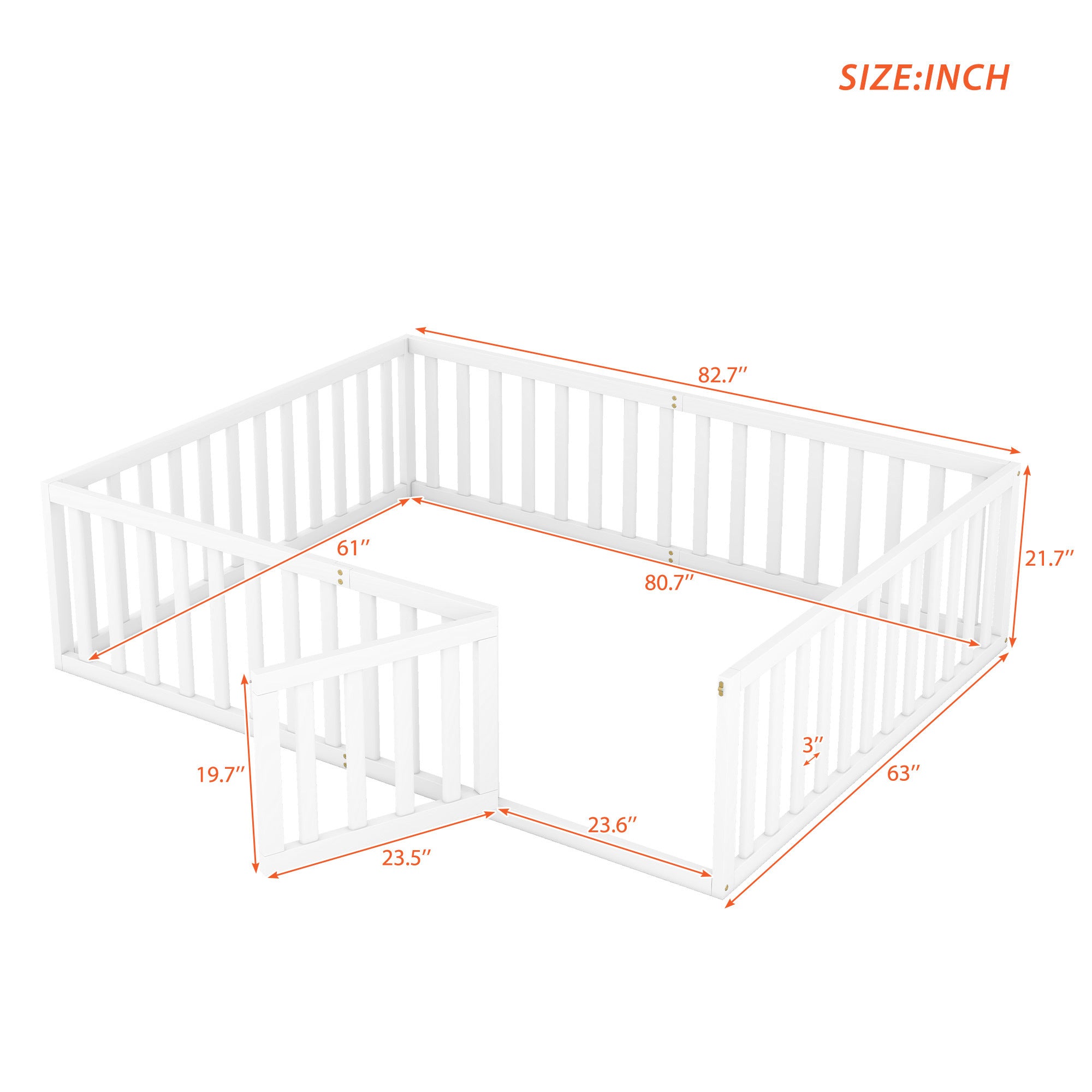 Queen Size Wood Floor Bed Frame with Fence and Door - White