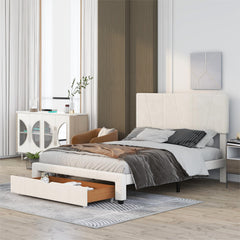 Queen Size Upholstery Platform Bed with One Drawer, Adjustable Headboard - Beige