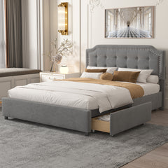 Elegant Queen Size Bed with Classic Headboard and 4 Drawers - Velvet Gray