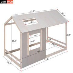 Twin Size House Platform with Roof and Window - Antique Grey+Antique White