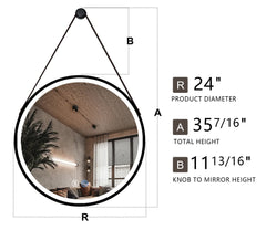 24inch Black Round Frame with Lamp Hanging Bathroom Mirror