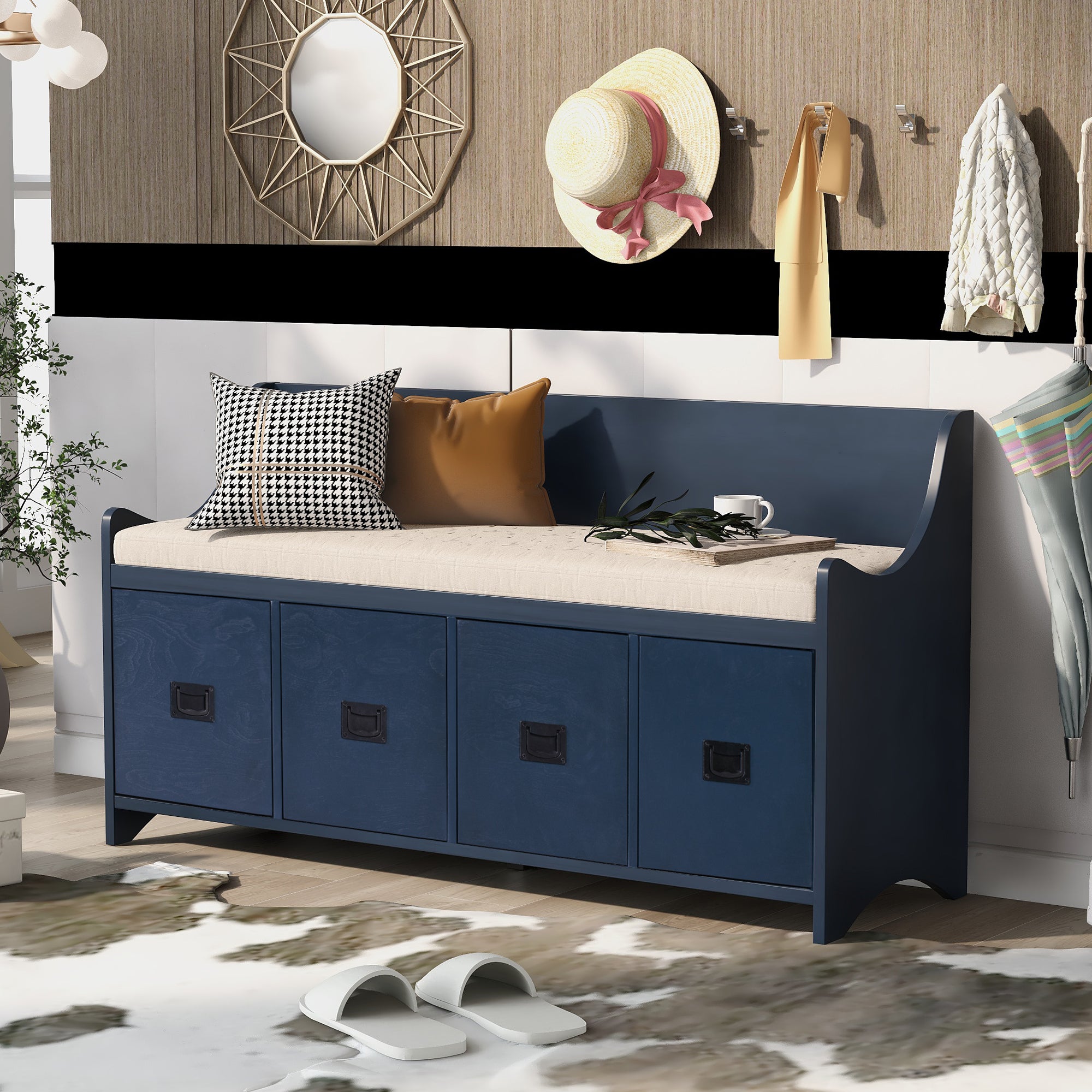 Movable Cushion Storage Bench with Drawers and Backrest - Antique Navy