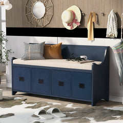 Movable Cushion Storage Bench with Drawers and Backrest - Antique Navy