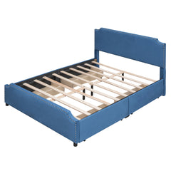 Queen Size Upholstered Bed with Stud Trim Headboard and Footboard and 4 Drawers - Velvet Blue