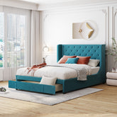 Queen Size Storage Bed Velvet Upholstered Platform Bed with Wingback Headboard and a Big Drawer - Blue