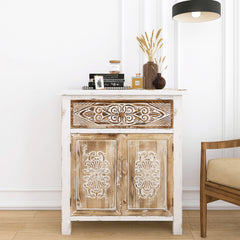 Rustic Wood Carved Cabinet with 1 Drawer and 2 Doors Vintage Accent