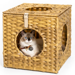 Rattan Cat Litter or Bed with Rattan Ball and Cushion - Natural Brown