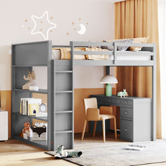 Full Size Loft Bed with Ladder, Shelves and Desk - Gray