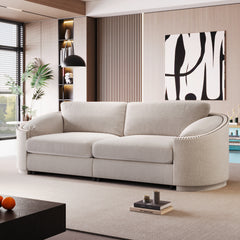 Stylish Sofa with Semilunar Arm, Rivet Detailing, and Solid Frame - Beige