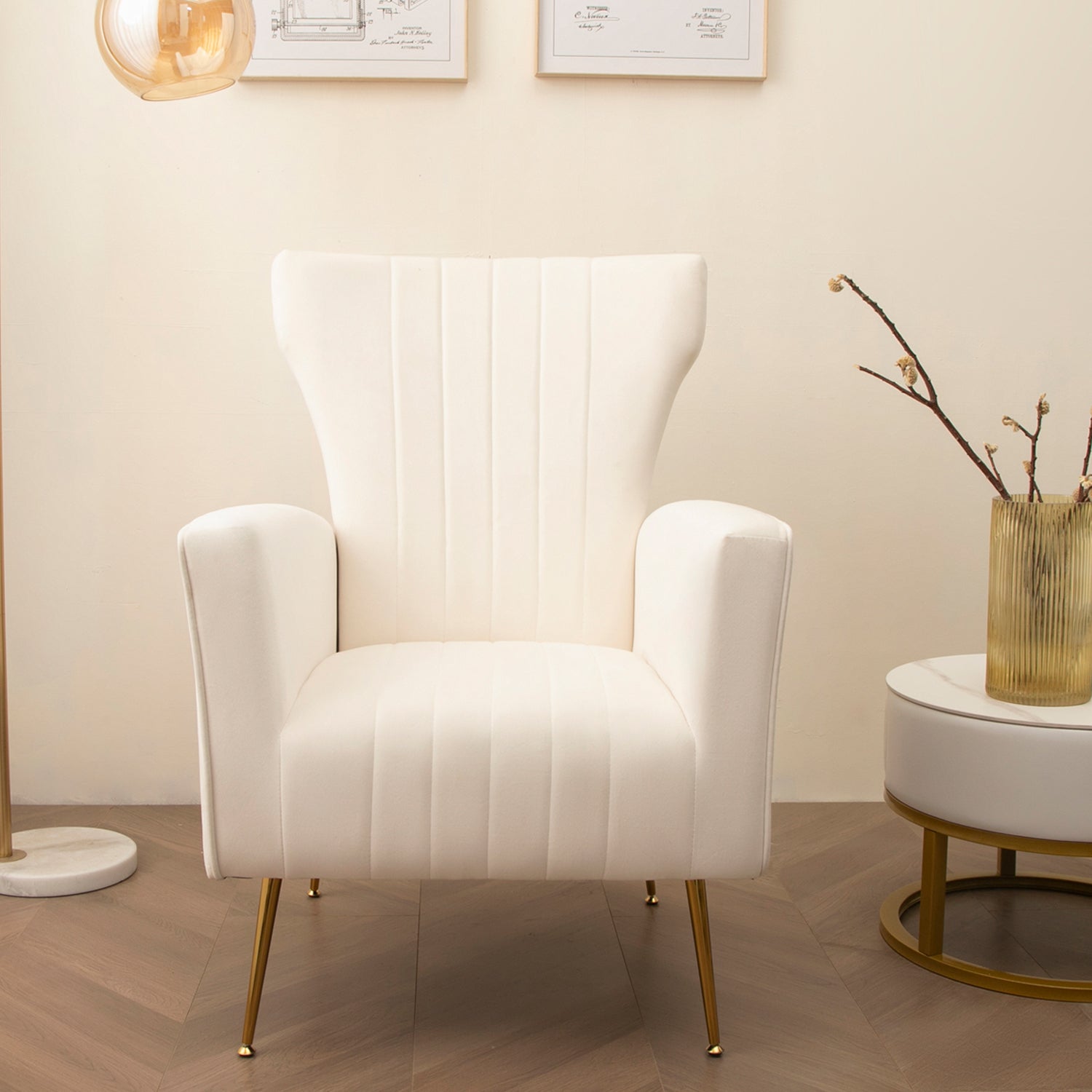 Velvet Accent Wingback Arm Chair with Gold Legs - White