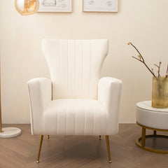 Velvet Accent Wingback Arm Chair with Gold Legs - White
