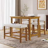 4 Piece Rustic Wooden Counter Height Dining Table Set with Upholstered Bench - Natural+Beige