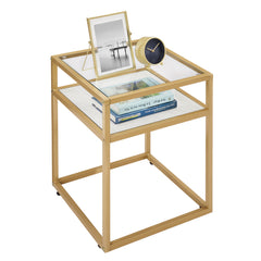 Side Table Tempered Glass Top, Nightstand with Shelf, 2-Tier End Table, Small Coffee Accent Table, Bedside Table for Small Space, Bedroom, Living Room, Gold Metal Reversable White Marble and Black