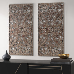Botanical Panel Distressed Carved Wood 2-piece Wall Decor Set - Bronze