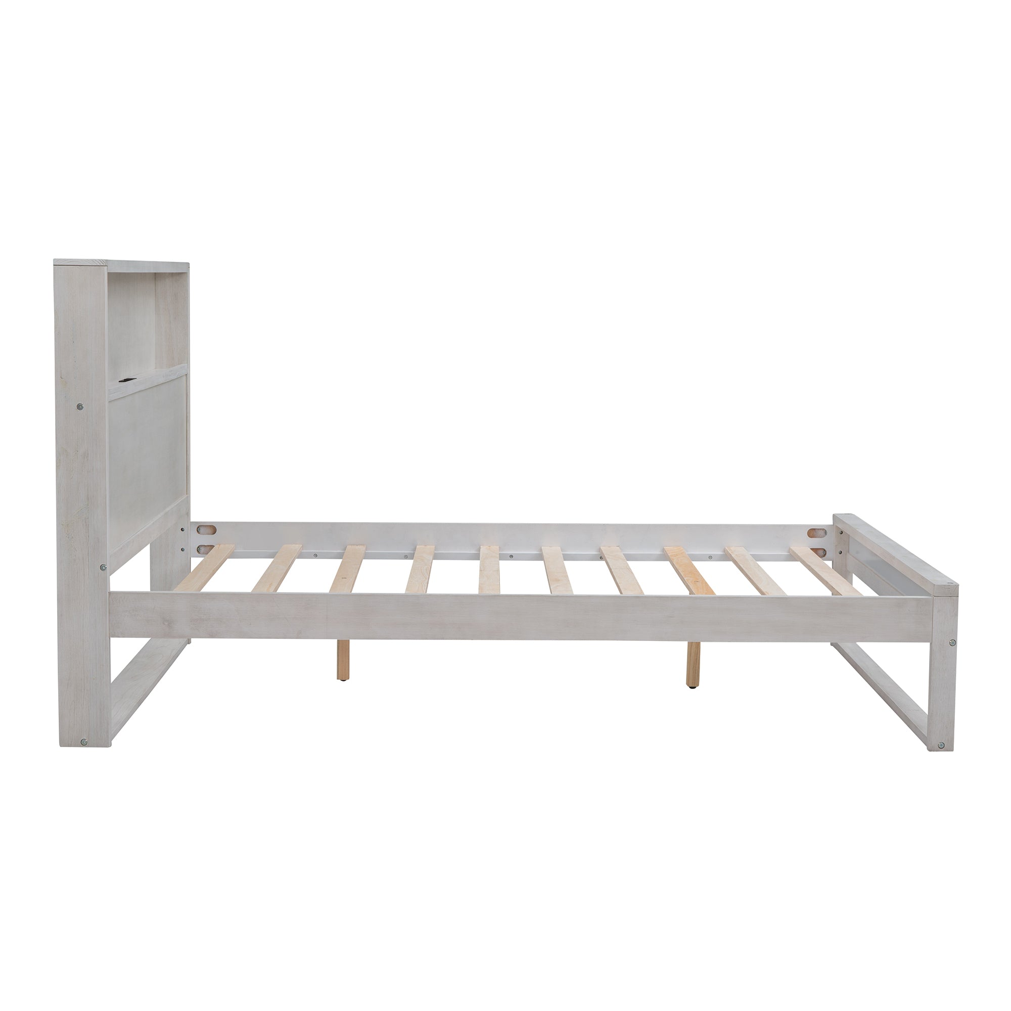 Full Size Platform Bed with Storage Headboard, Sockets and USB Ports - Antique White
