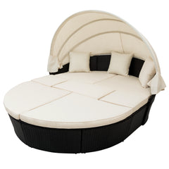 Outdoor Rattan Daybed Sunbed with Retractable Canopy Wicker - Beige