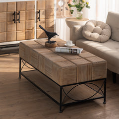 Small Grid Splicing Design Retro Square Coffee Table - Natural