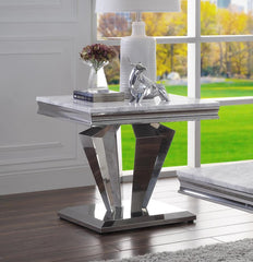Satinka End Table, Light Gray Printed Faux Marble & Mirrored Silver Finish
