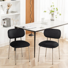 Velvet Dining Chair Leaf Grain Ergonomic Backrest Silver Metal Legs (Set of 2) - Black