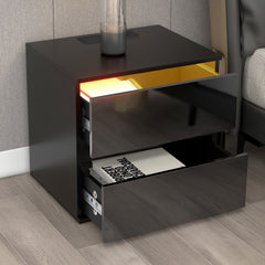Nightstand with 2 Drawers, USB Charging Ports, Wireless Charging and Remote Control LED Light - Black